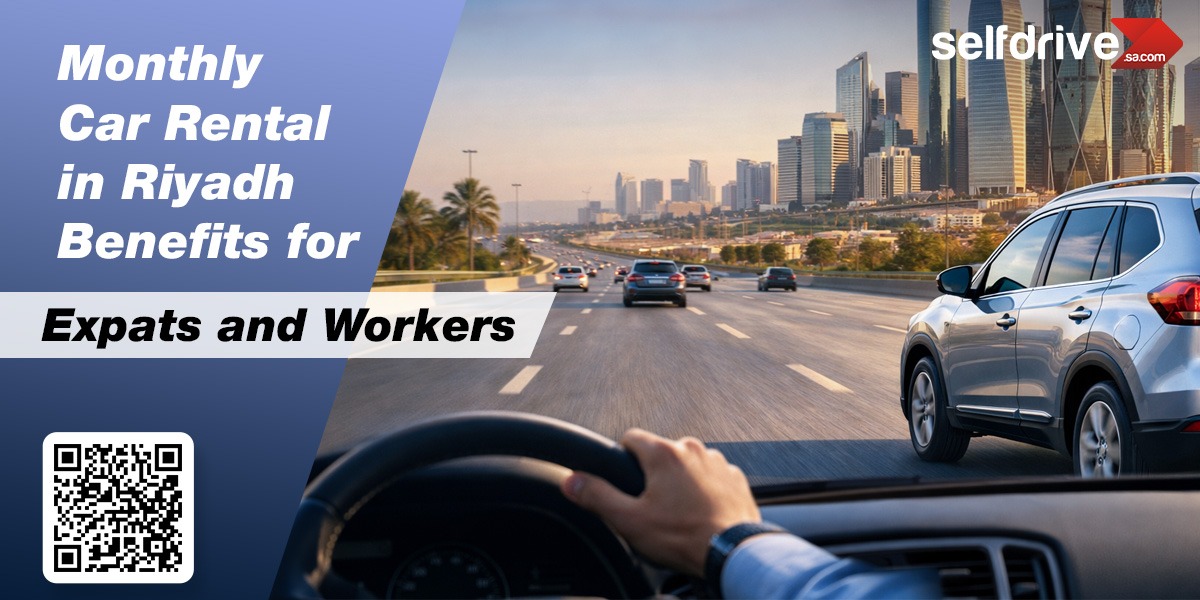 Road view of modern Riyadh with skyscrapers, cars driving. Focus on car rental benefits for expats. Includes QR code. Calm, professional tone.